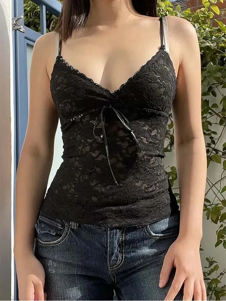 Black See through Lace Cami Crop Top Women's Summer Y2K Sleeveless V-Neck Sexy Tank Aesthetic 2000s Gothic Tee