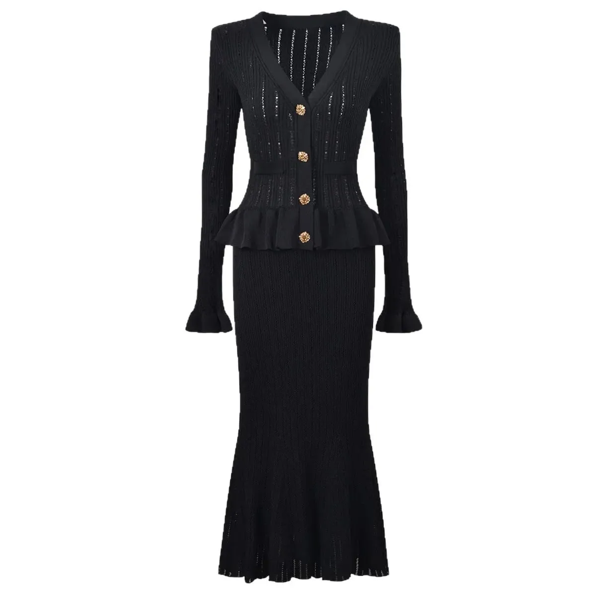 High Quality Fashionable Knitted V-Neck Slim Fit Long Sleeve Dress Set Elegant Ankle-length Sleeve Design Regular Waistline