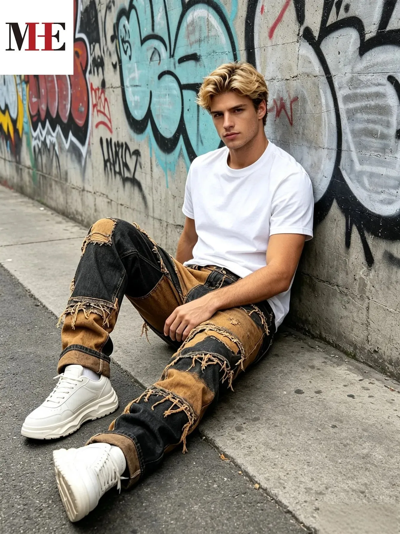 【HME】Men's Jeans | Straight‑Fit Deconstructed Denim Pants vintage Mud‑Wash Two‑Color Spliced Denim Trousers Exposed Frayed Tassel Seams Classic Five‑Pocket Construction Durable Fabric Fashion Men Casual Pants