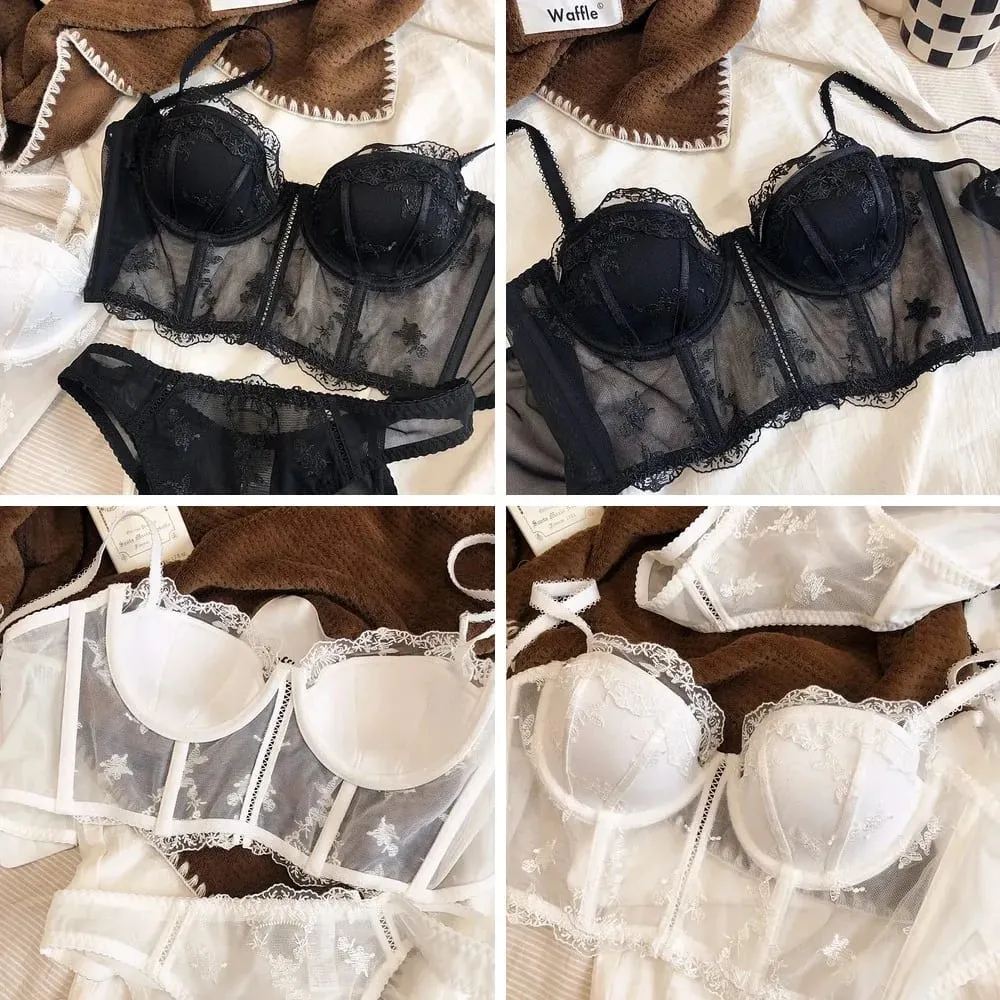 Retro Half Cup Embroidered Lace Bra & Panty Set Push Up Sexy Body Sculpting Lingerie