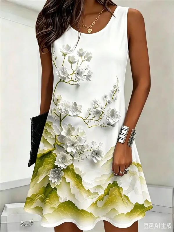 Flower Pattern Women Mini Dresses Summer Sleeveless 3D Floral Printed Street Style Ladies Dress 3XL Plus Size Loose Casual Dress