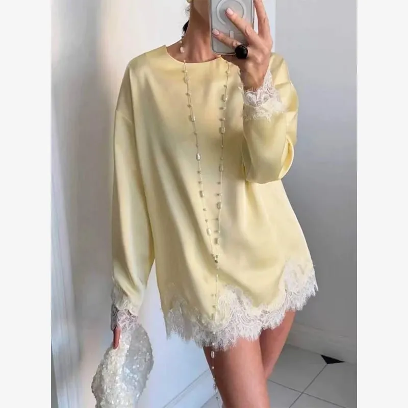 Women Light Blue Lace Satin Round Neck Dress Elegant Side Tie Long Sleeve Soft Short Gown 2026 Daily Vacation Party Sundress