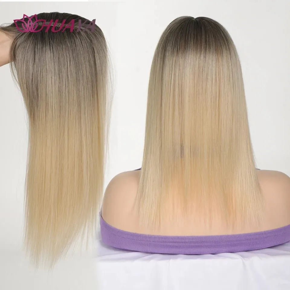 Synthetic Ombre Dark Root Golden Toppers Wig Hair Piece for Women Heat Resistant Cilps in Hair Extensions Invisible Clourse Clip