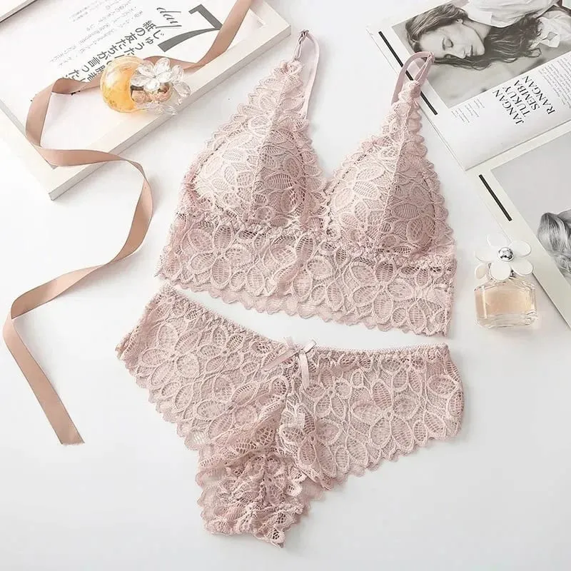 Sexy Lace Women Underwear Set Seamless Wire Free Bra Sets Hollow Out Bra at Panty Set Para sa Babae Embroidery Intimate Lingerie