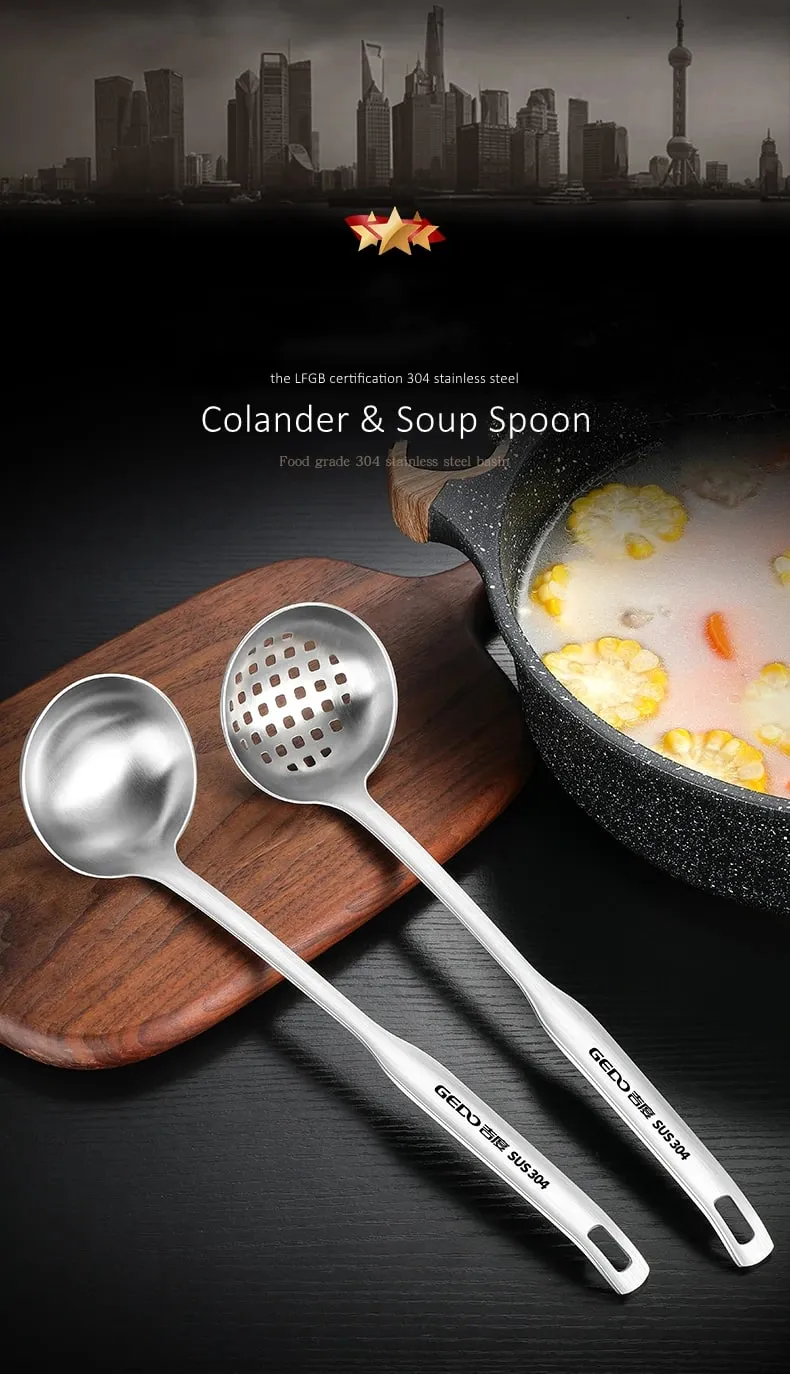 LFGB Certification Pure 304 Stainless Steel Colander and Soup Spoon 30.5cm Length Fall Resistant Hotpot Ladle and Strainer Set