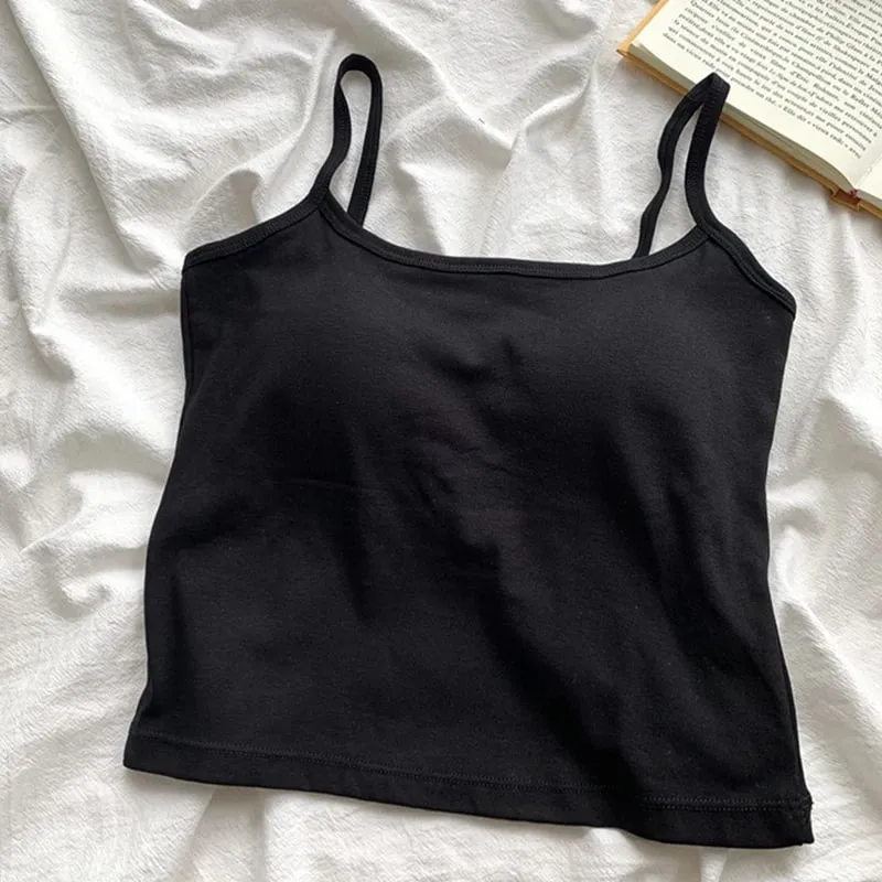 Women's Camisole With Built In Bra Pads Slim Fit Crop Tank Top Basic Spaghetti Strap Cami Casual Summer Sleeveless Top