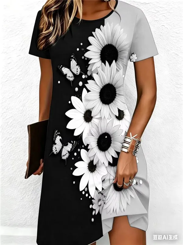 Street Hip Hop Flowers And Butterflies Women Mini Dresses Summer Short Sleeve 3D Printed Fashion Dress 3XL Big Size Casual Dress