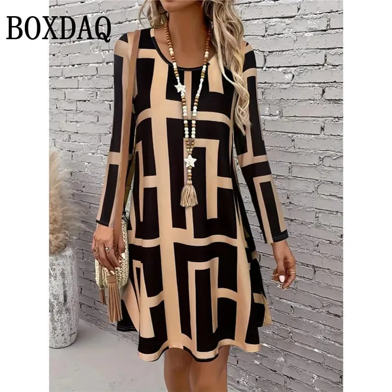 Women's Clothing Autumn Women Retro Flowers Dress Summer Vintage Causal Fashion Long Sleeve Floral 3D Printed Loose Dresses 2025