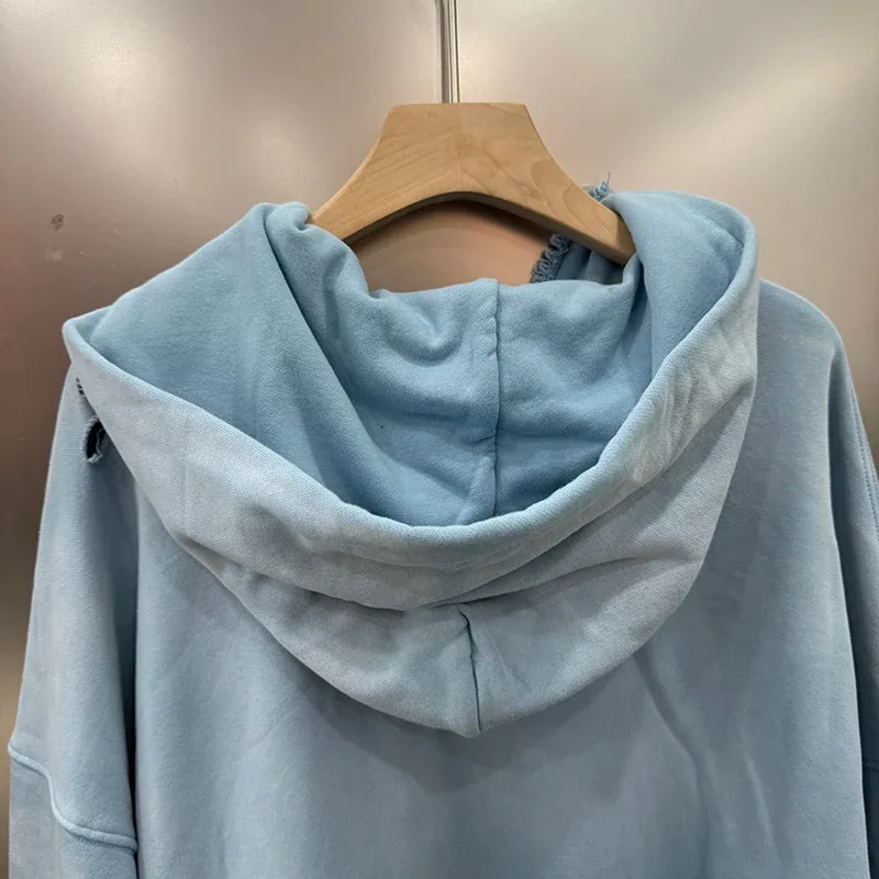 Light Blue PALY Letter Crystal Hoodie Ripped Washed Fashion Patch High Street Casual Men Women 1:1 Zipper Sweatshirts