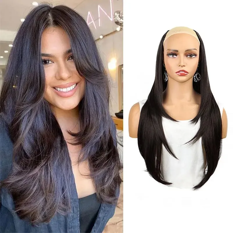 22Inch Synthetic Long Straight Layered Clip-in Hair Extension V-shaped Black Blonde Invisible Hairpiece for Women — image 10