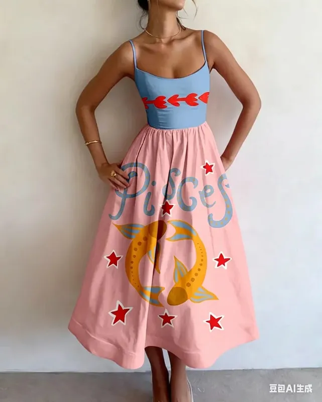 Summer Women Print Bodycon Dress Sling Cold Shoulder High Waist A-line Maxi Dresses Beach Party Gowns Casual Vestidos Fashion