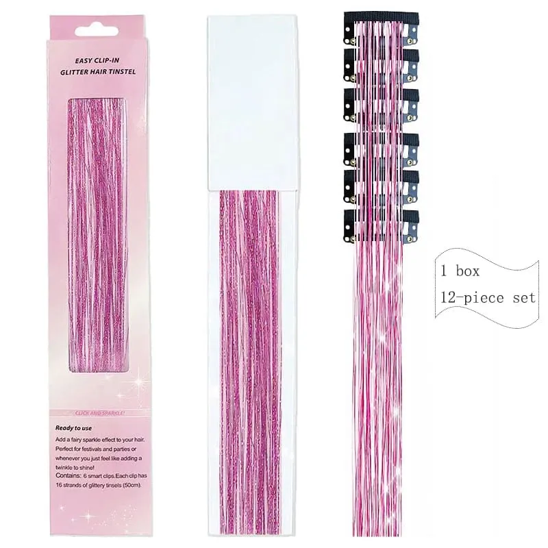 20 Inch Synthetic Hair Extensions -12 Piece Set of Colorful Glitter Hair Accessories Suitable for Girls' Party Birthday Gifts