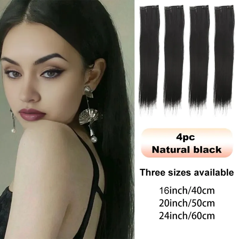 4PCS synthetic hair extension piece long straight hair wig clip heat-resistant wig piece extension on a woman's hair