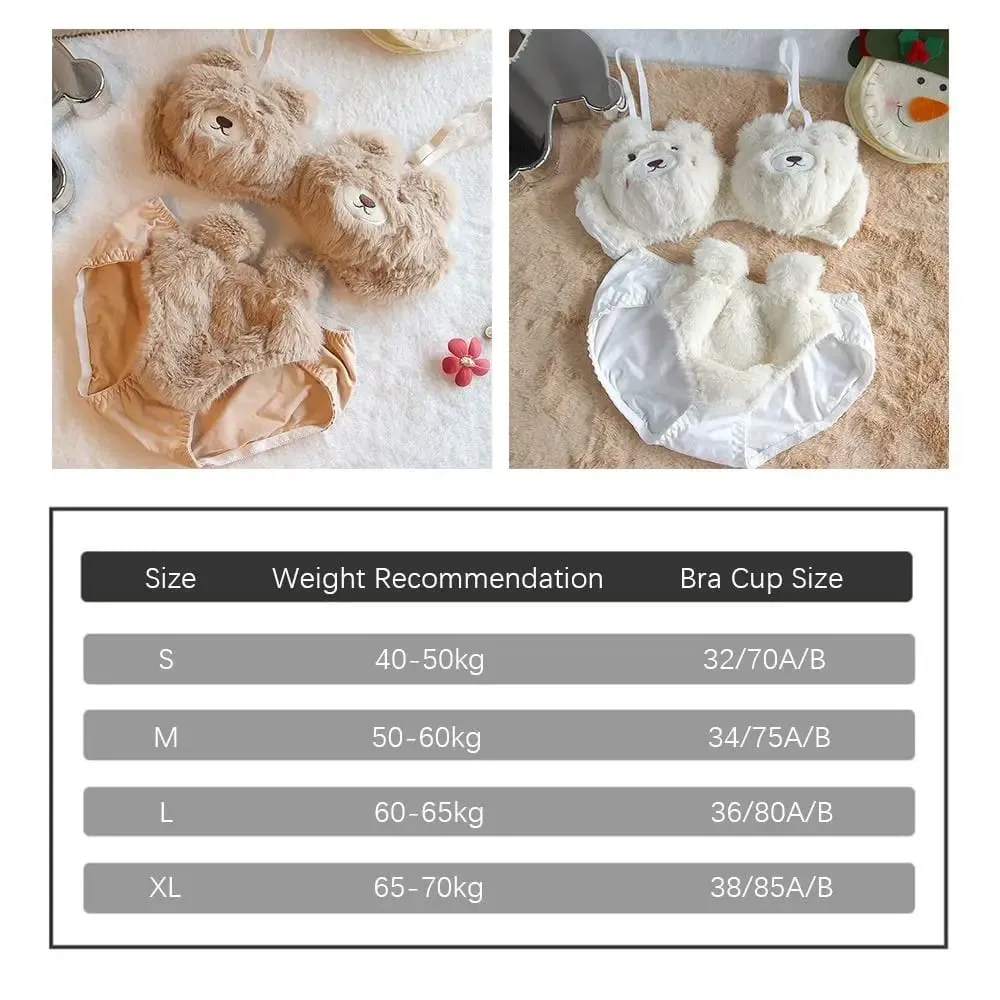 Cute Women Lingerie Set With Steel Ring Cartoon Bear Winter Bra & Brief Sets Soft Girl Warm Underwear Panties Suit Girl