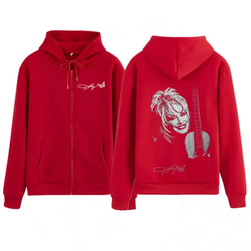 Dolly Parton Country Music Guitar Zipper Hoodies Men Women Fashion Long Sleeve Oversized Zip Up Hooded Sweatshirts Jackets Coats