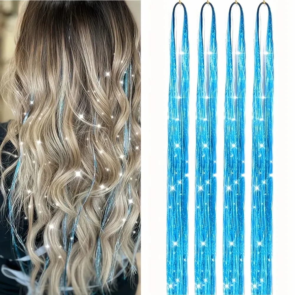 4 Packs 22inch Fairy Tinsel Hair Extensions Kit for Women Holographic Synthetic Hair Extension for Quick Hair Color Change