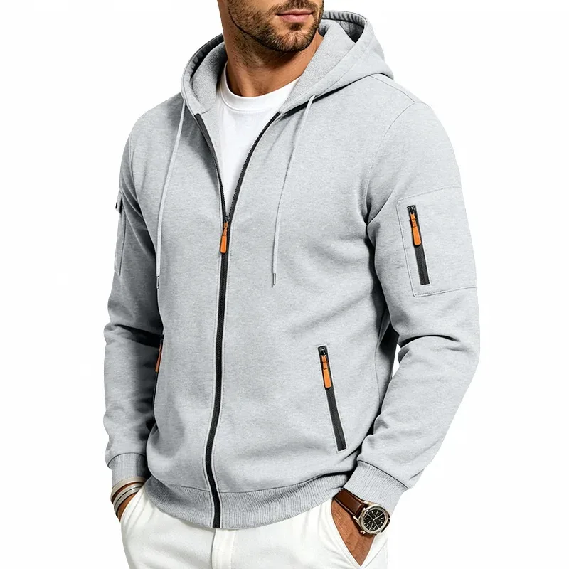 Men's Heavyweight Full Zip Hoodie Autumn Winter Casual Outdoor Hooded Sweatshirt Multi‑Pocket Drawstring Loose Fit Sports Jacket