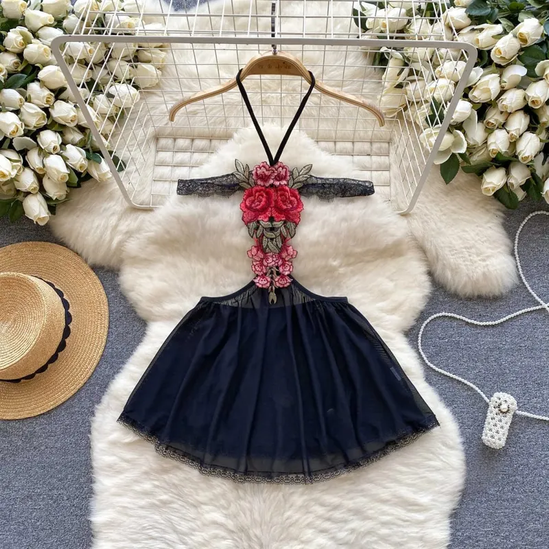 Woman Embroidery Floral Mesh Fashion Sexy Dress Chinese Style Short Sleeve Split Hollow Out Cheongsam New Gauze Sheer Dress