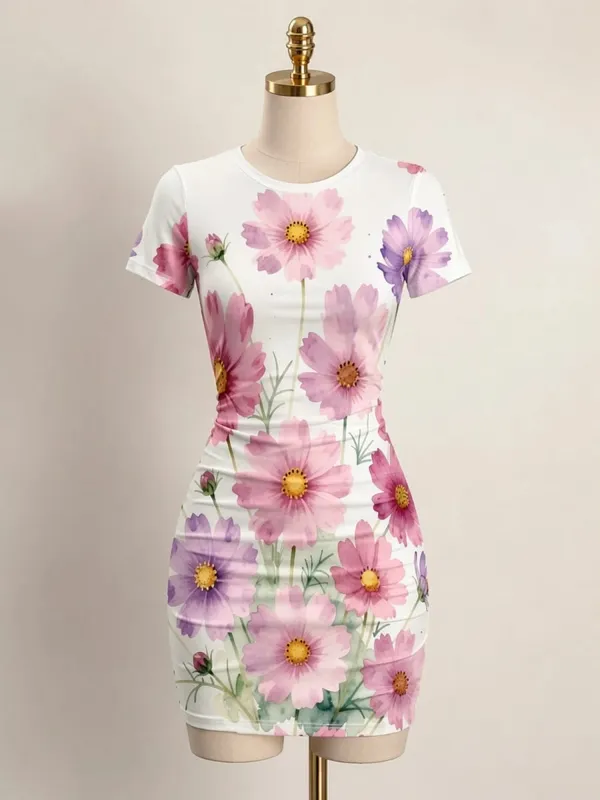 Womens Short Sleeve Bodycon Mini Dress Slim Fit Crew Neck Floral Print Casual Summer Party Cute Elegant Brunch Vacation Sundress