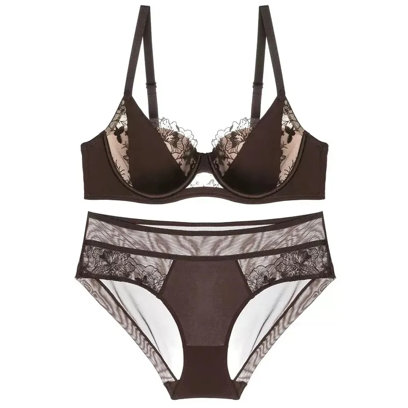 French Style Delicate Lace Lingerie Set Push Up Bra Minimise Bust Supportive Sexy for Large Breasts Full Cup 2 Piece Set