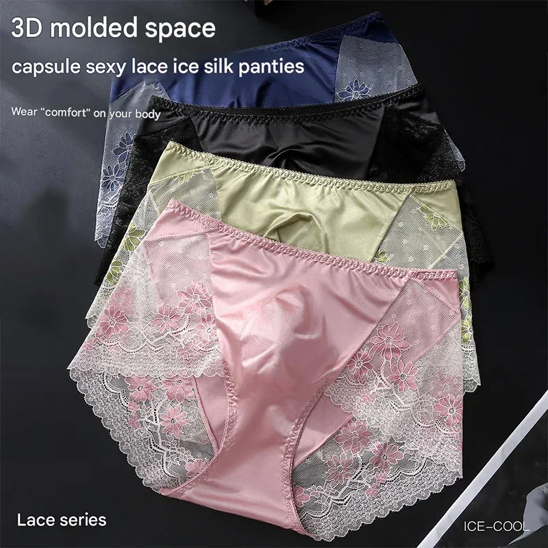 Men Satin Ice Silk Triangle Underwear 3D Pouch Low‑Waist Briefs Side Lace Breathable Soft Sexy Male Plus Size Intimate Shorts