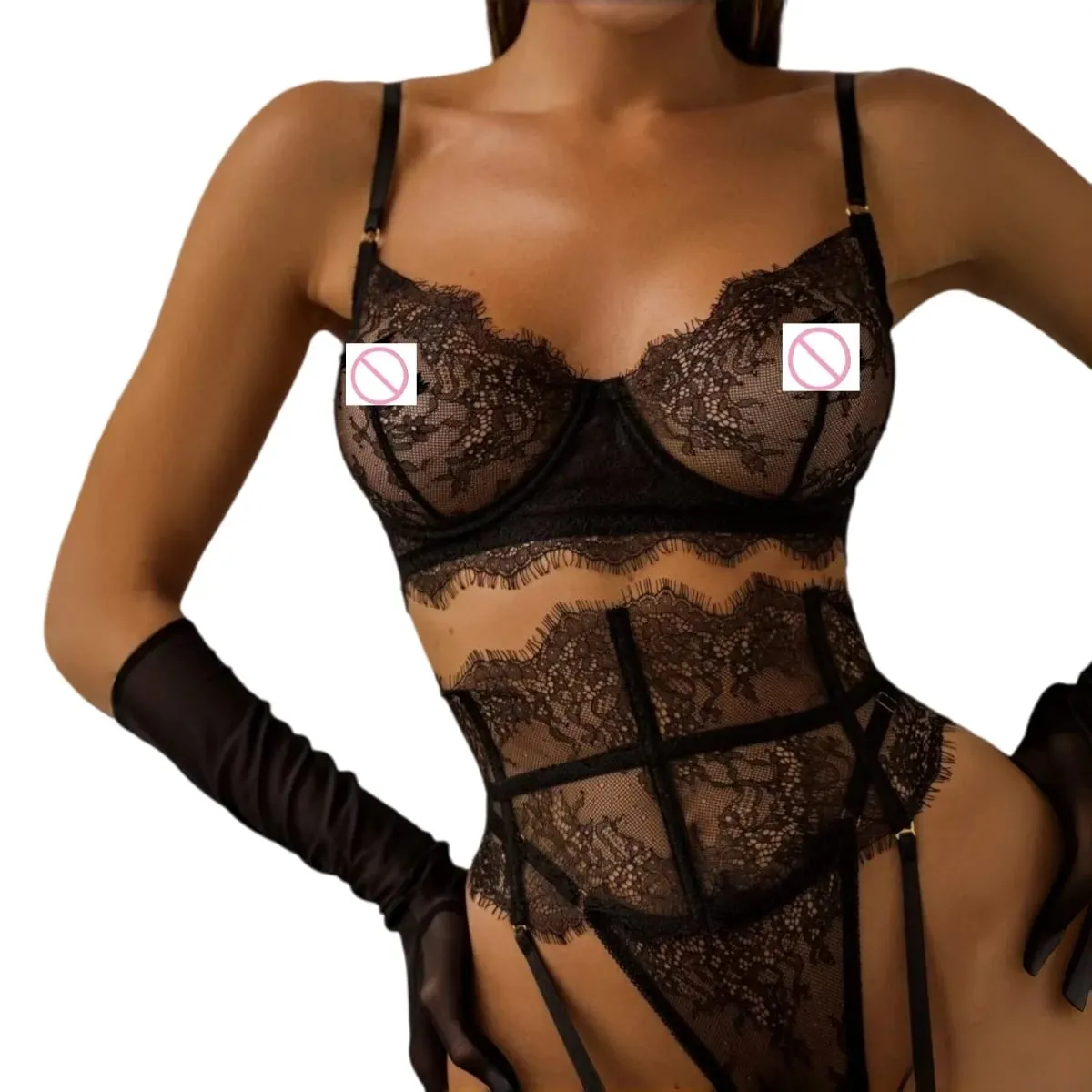 Sexy hot Lingеrie New Eyelash Lace 5-Piece Lingerie Set for Women with Underwire Bra Waistband Garter Belt Leg Rings Gloves