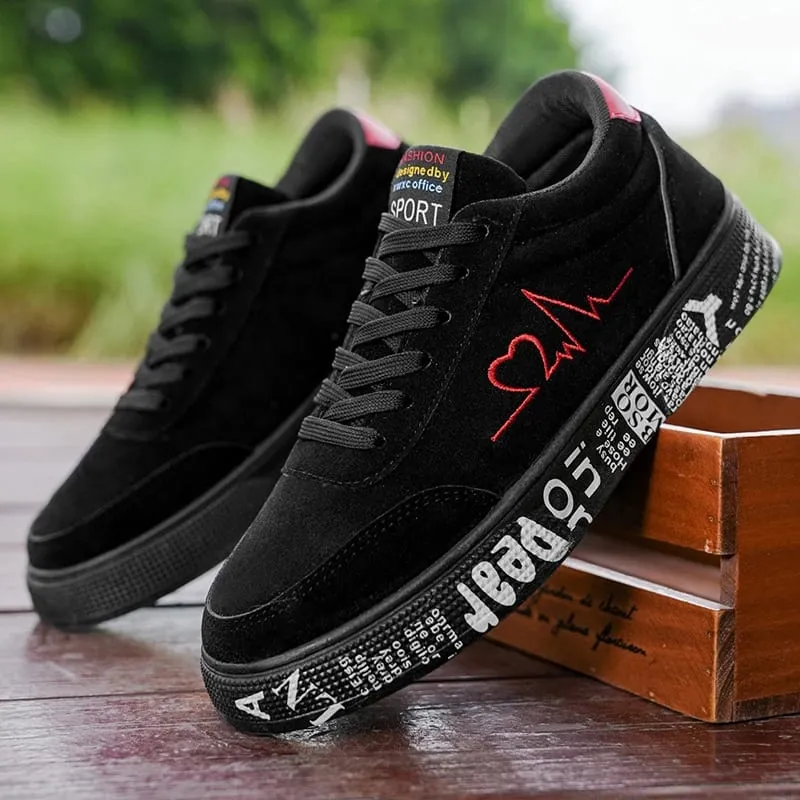 Men'S Black Suede Casual Sneakers With Red Heartbeat Embroidery Low Top Lace Up Skate Shoes Comfortable Versatile Footwear