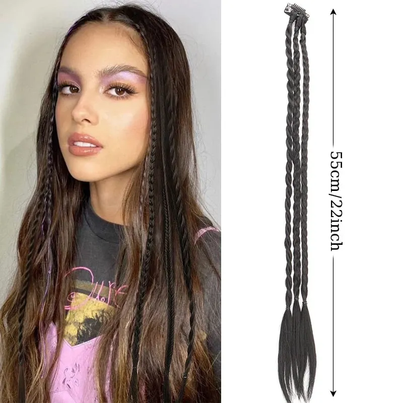 1Pc Clip in Braid Hair Extensions Wig 22inch Synthetic Braided Hairpiece 3 Braids on One Clip for Women Daily Costume Party Use