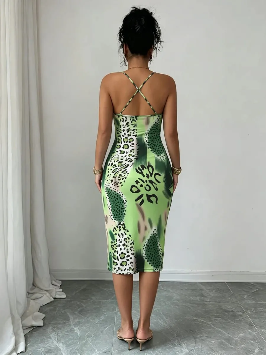 Women Spaghetti Strap Midi Dress Green Leopard Print Bodycon Casual Dress Summer Sexy Party Cocktail Clubwear Date Dress