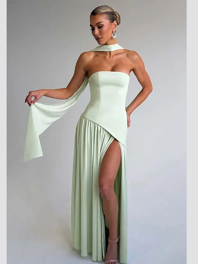 Solid Spliced Ribbon Maxi Dress Women Elegant Strapless Sleeveless Slit Long Dresses 2025 New Summer Holiday Party Lady Vestidos