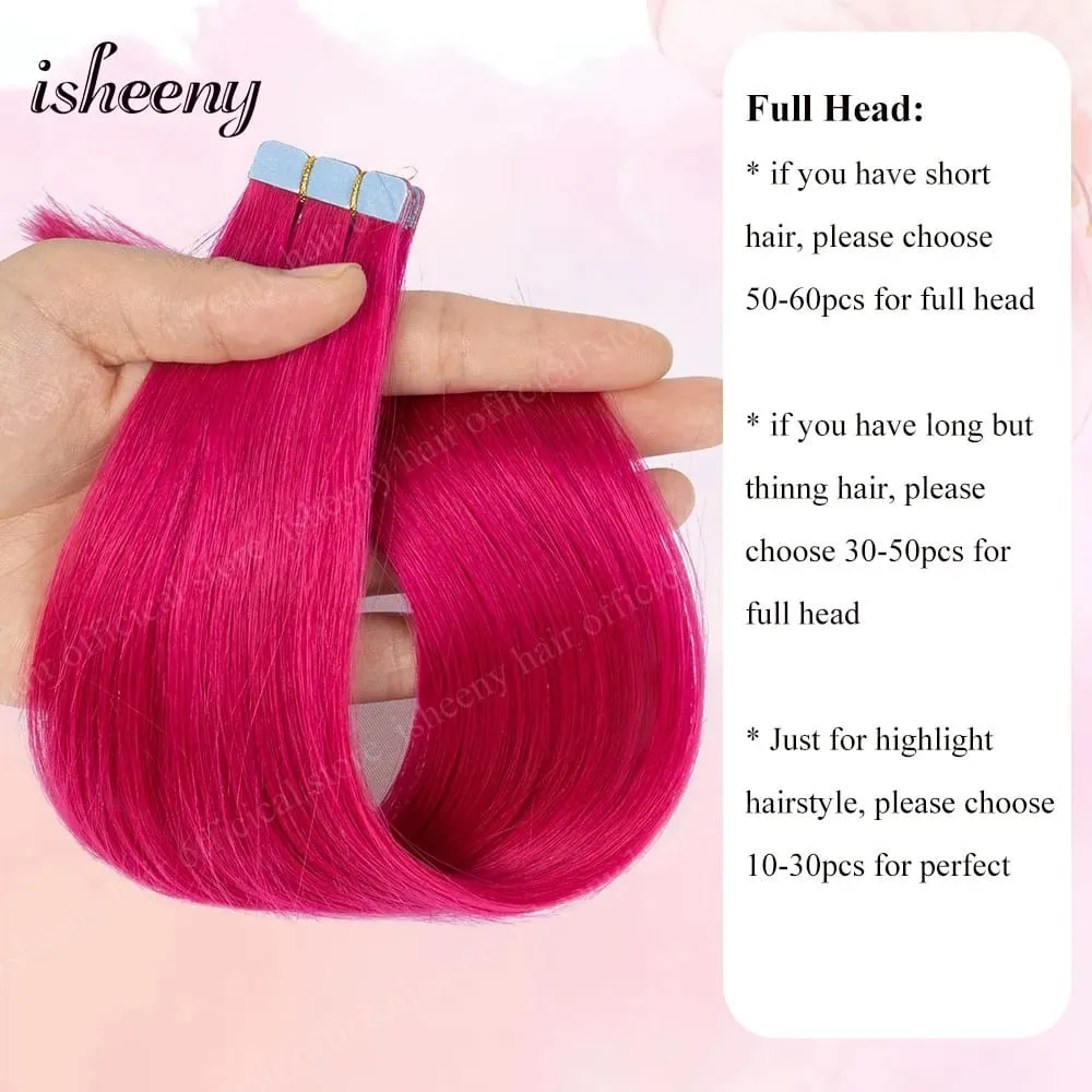Isheeny 12' 16' 20' Tape In Hair Extensions Invisible Adhesive Tape In Hair Extension 10pcs/pack Pink Purple Blue Colorful Hair