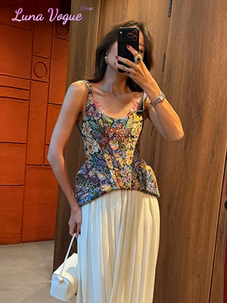 Vintage Floral Off-shoulder Corset Cami Top Women Square Neck Peplum Sleeveless Slim Fit Tank Blouse New Summer Vacation Outfits