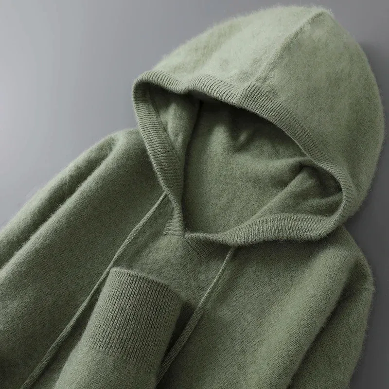 DjzDsm Autumn Winter Men's Sweater 100% Merino Wool Thick Hooded Pullover Soft Knitwear Casual Comfort Wool Clothing Tops