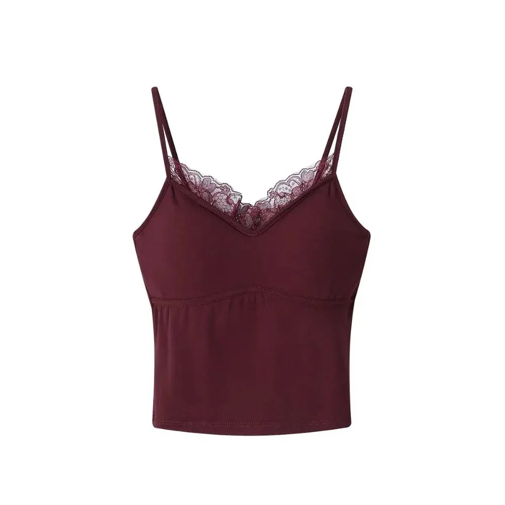 Autumn/Winter Fitted Lace-trimmed Camisole V-Neck Comfortable Slim Fit Camisole Top Soft with Padded Bra Women's Top
