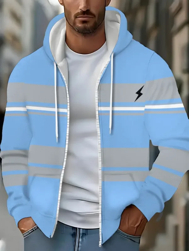Hoodies for Man Striped Print Full Zip Sweatshirt Outdoor Wear Man Hoodie Fashion Casual Loose Sports Tops Pullover Man Clothing