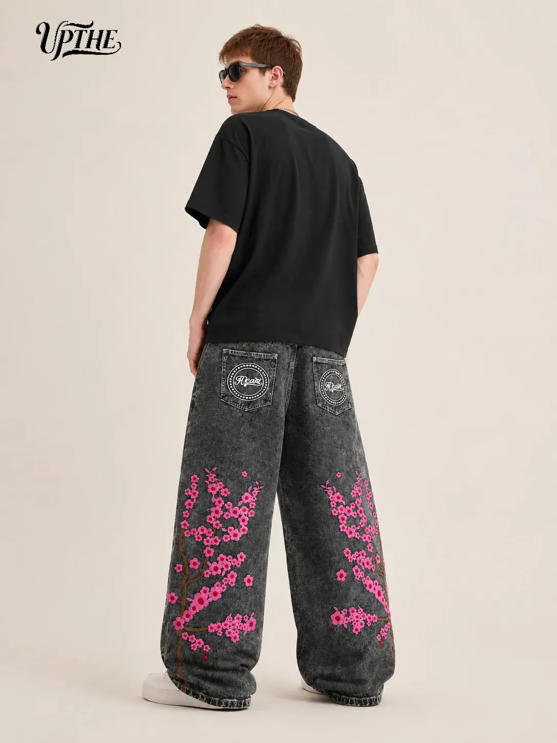 UP.THE Men Baggy Wide Leg Jeans Vintage Washed Black Gray Denim Pants Y2K Loose Cherry Blossom Embroidery Heart Letter Print Streetwear Jeans for Daily Hip Hop Casual Outfits
