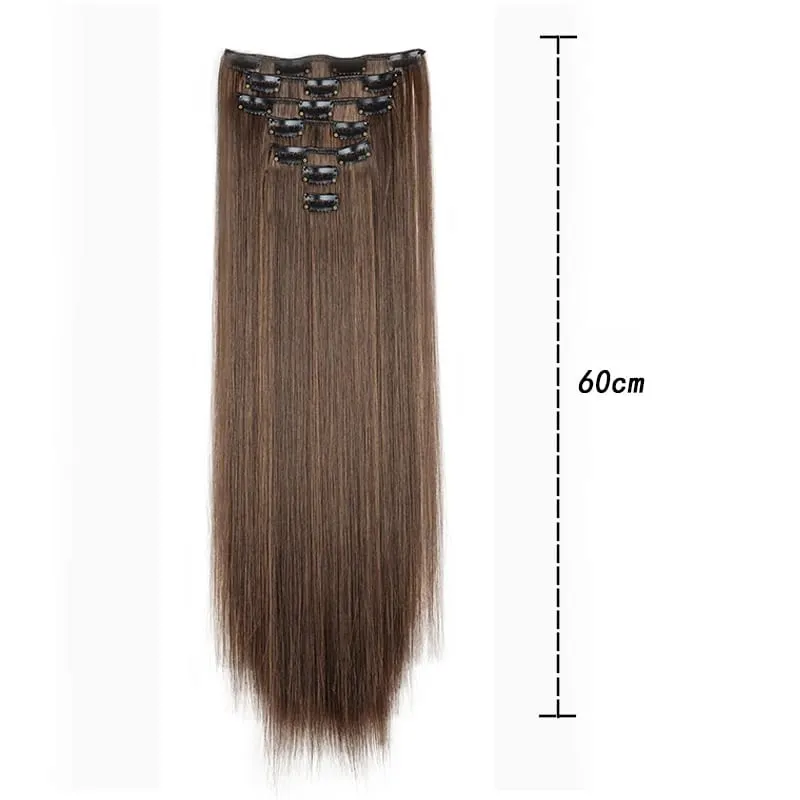 24Inch Synthetic 7Pcs/set Long Straight Hair Extension 16Clips Hairstyle Black Blonde Y2K Kpop Hairpiece for Women Christmas Eve