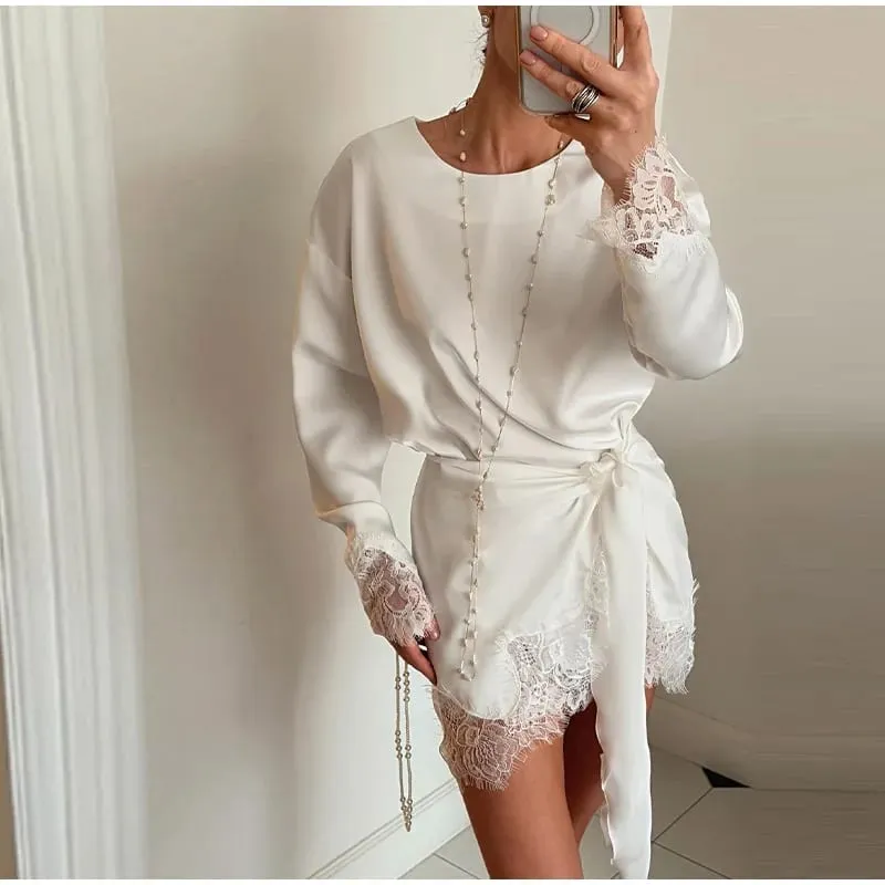 Loose Satin Mini Dress Women O Neck Long Sleeves Lace Patchwork Straight Vestidos Female 2026 Spring Summer Chic Solid Dresses