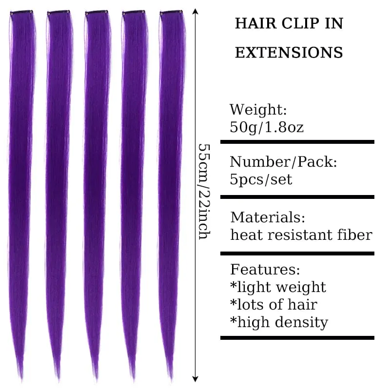 22inch 5PCS Synthetic Purple Clip in Hair Extensions Straight Colorful Hair Extensions Hairpieces for Halloween Christmas Party — image 3