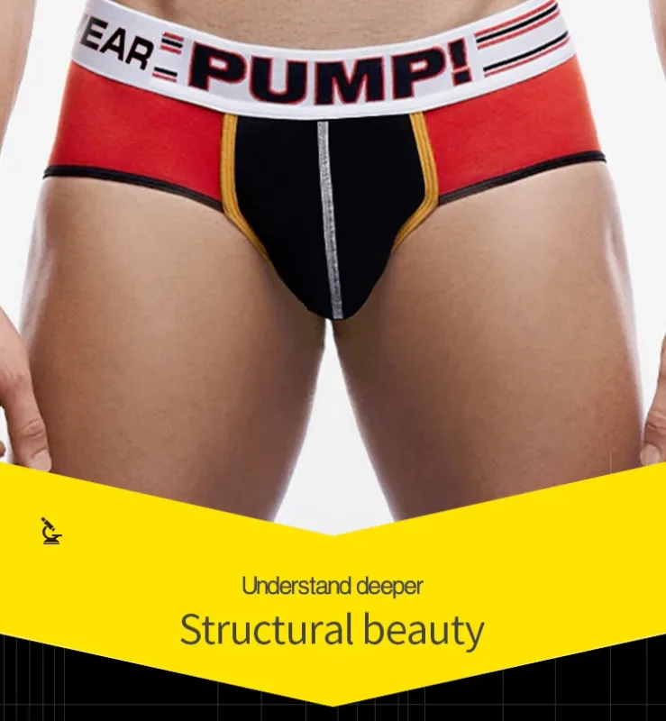 Men's Cotton Color Block Briefs, Pump! Logo Wide Waistband Low Rise Sexy 3D Convex Pouch Underwear