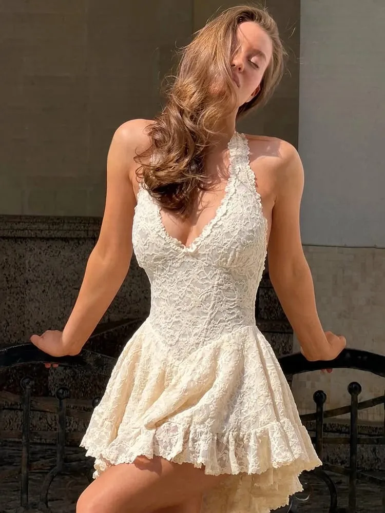 Whatiwear ชุดราตรีผู้หญิงแฟชั่น Jacquard Halter v คอลูกไม้ผอมพับแขนกุด Elegant Chic Mini Bodycon