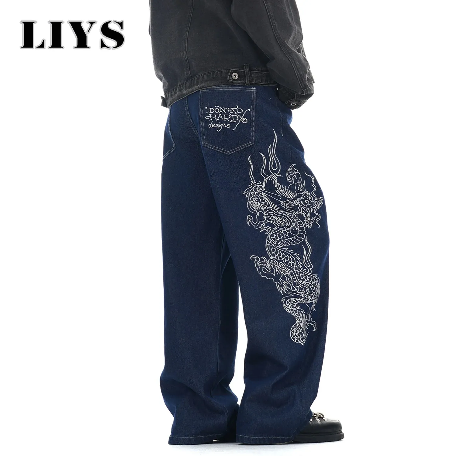 New Men's Blue Baggy Dragon Embroidered Wide Leg Jeans Spring Summer Classic Blue Baggy Washed Denim Pants Unisex Clothing