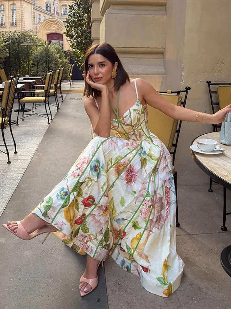 Floral Print Halter Neck Corset Waist Maxi Dress Sleeveless Flared Hem A Line Dresses 2026 Fashion Elegant Vacation Party Gown