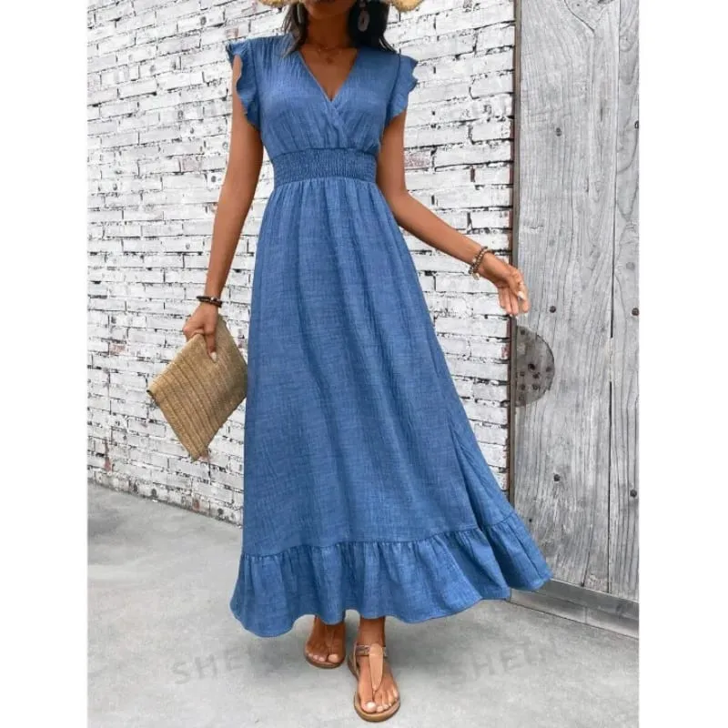 Women Maxi Dress 2026 New V Neck Denim Blue Long Dress Casual Loose Ruffle Hem Sundress for Summer Beach Vacation Daily Wear