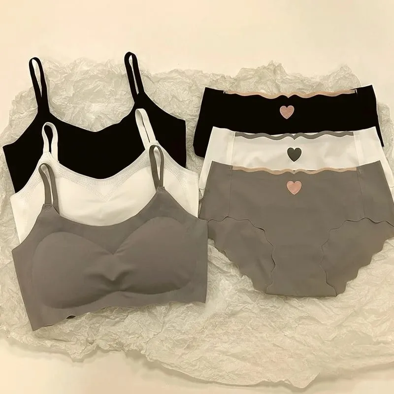 Women's Seamless Bralette Set Wireless Push Up Bra with High Waist Panty Cute Heart Embroidery Lingerie Set for Daily Wear