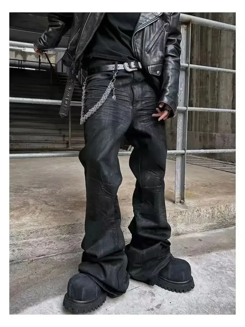 2026 High street coated micro-flare jeans American retro heavy industry men and women black gothic retro casual loose jeans