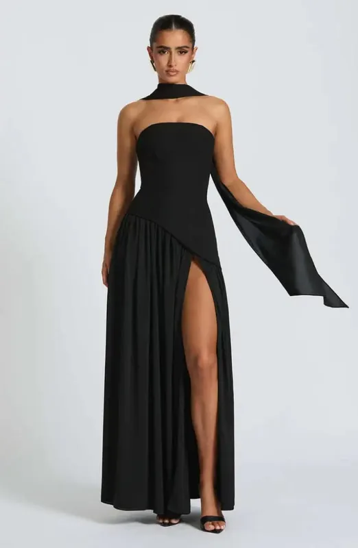 Elegant Off-shoulder Strapless Sexy Summer Party Women Gown Patchwork Pleat Scarf Neck Holiday Evening High Split Long Dresses