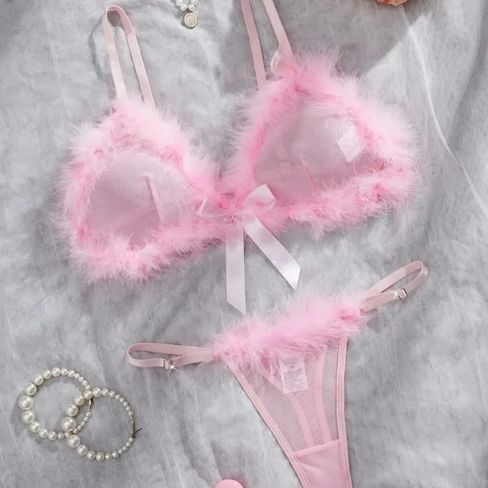 Christmas Furry Women's Underwear Mesh Transparent Wireless Lingerie Set Romantic Intimate Bow Decor Bra Panties Suit Home