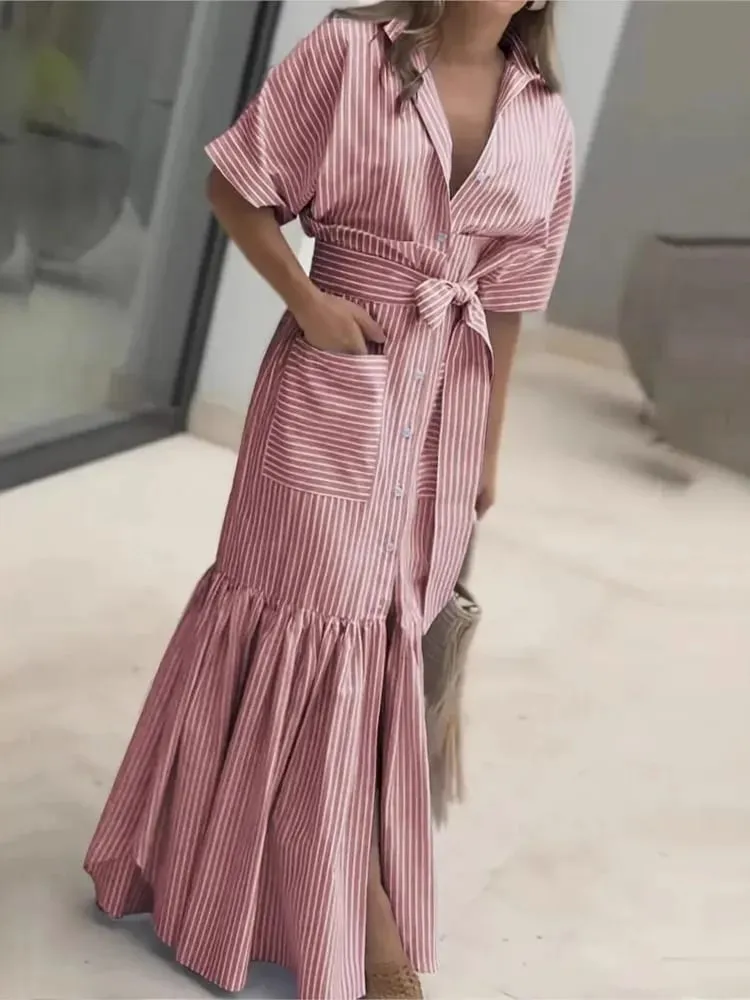 Lady Striped Ruffles Dress For Women Fashion Long Sleeve Turn-down Collar Button Lace-up Loose Dresses Robe Femme Office Skirts