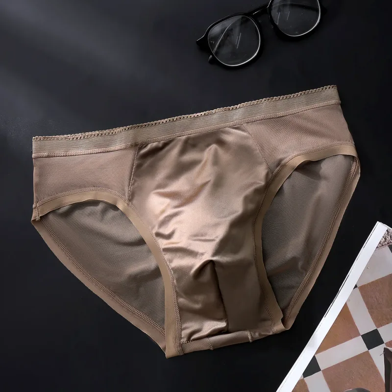 Male Glossy Silk Satin Briefs High Rise Lace Trim Ice Silk Underwear Soft Breathable U Pouch Men Panties